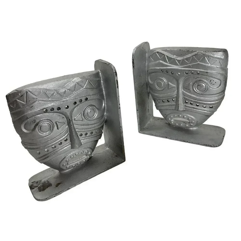 Tiki Mask Inspired Cast Iron Metal Bookends